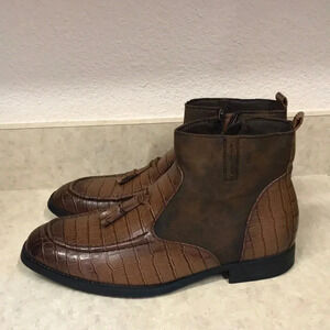Chukka Brown Two Tone PU Leather Alligator Tassel Ankle Boots
